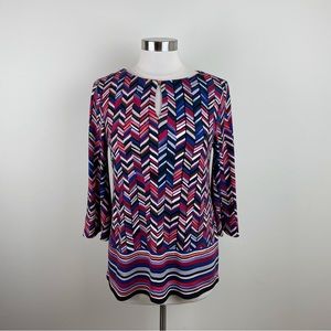 Chico's Red Blue White Geometric Print Bell Sleeve Blouse Top Women Size Small